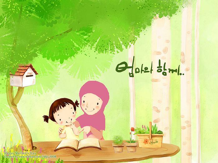 Gambar ibu dan anak kartun muslimah